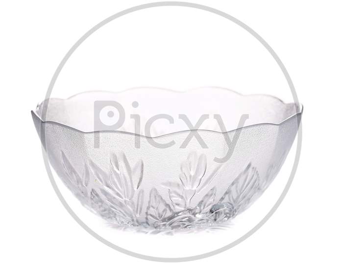 Glass Bowl With Leaves Ornament. Isolated On A White Background.