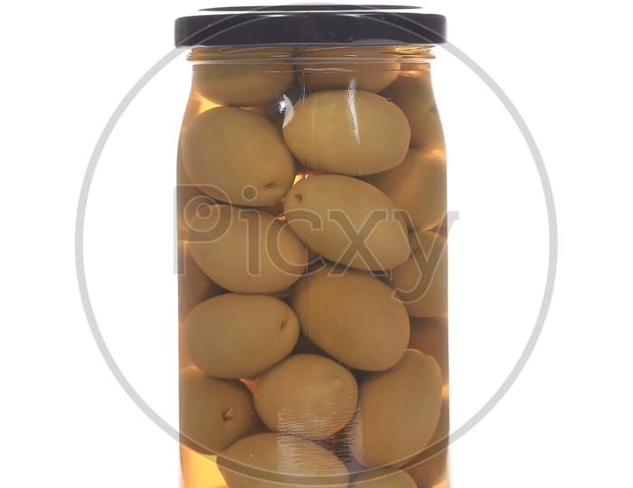 Bottle Of Olives. Isolated On A White Background.