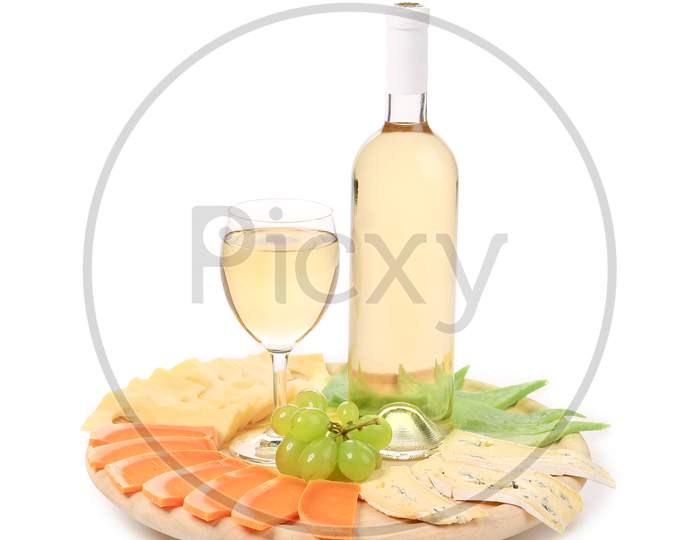 Wine And Cheese Composition. Isolated On A White Background.