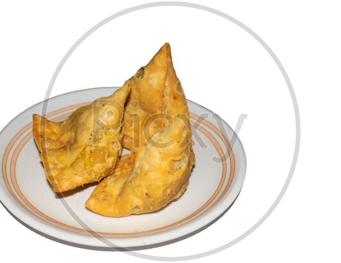 Samosa in plate with white background front view