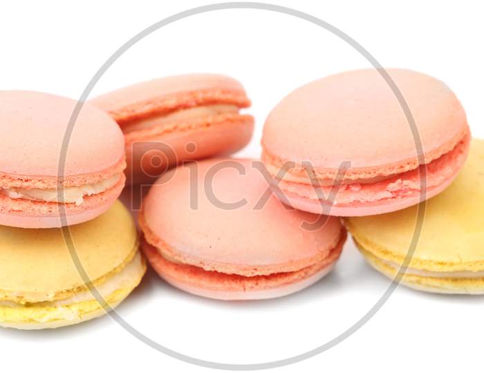 Bunch Of Macaron Cake. Isolated On A White Background.