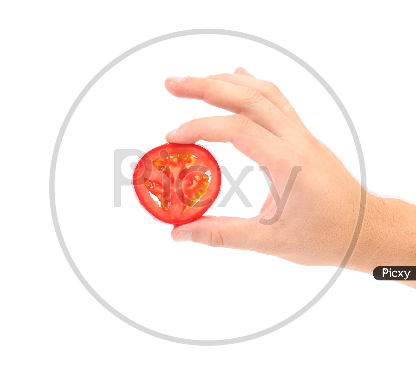 Hand Hold Slice Of Tomato.  Isolated On White Background