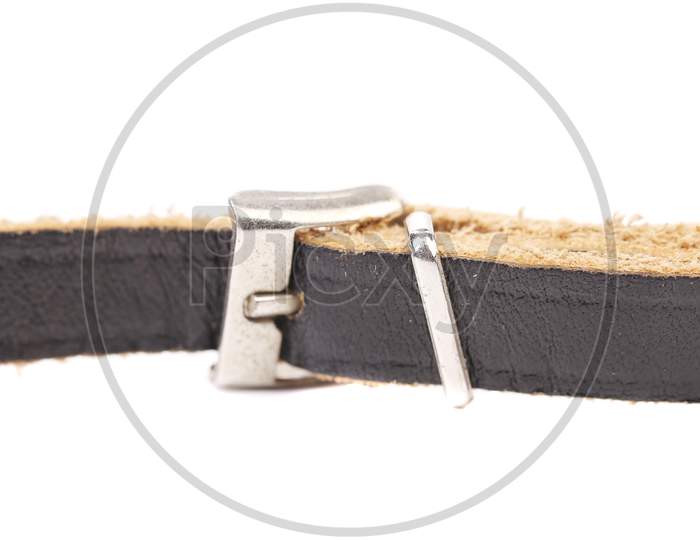 Black Leather Belt With A Rectangular Buckle.  Isolated On White Background