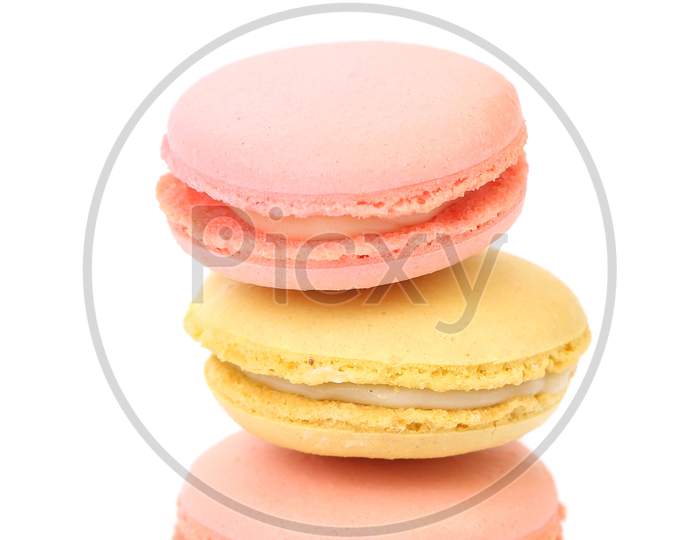 Stack Of Macaron Cakes. Isolated On A White Background.