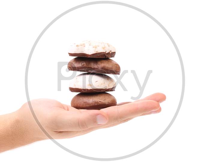 Hand Hold Kisses Cookies With Chocolate. Isolated On A White Background.