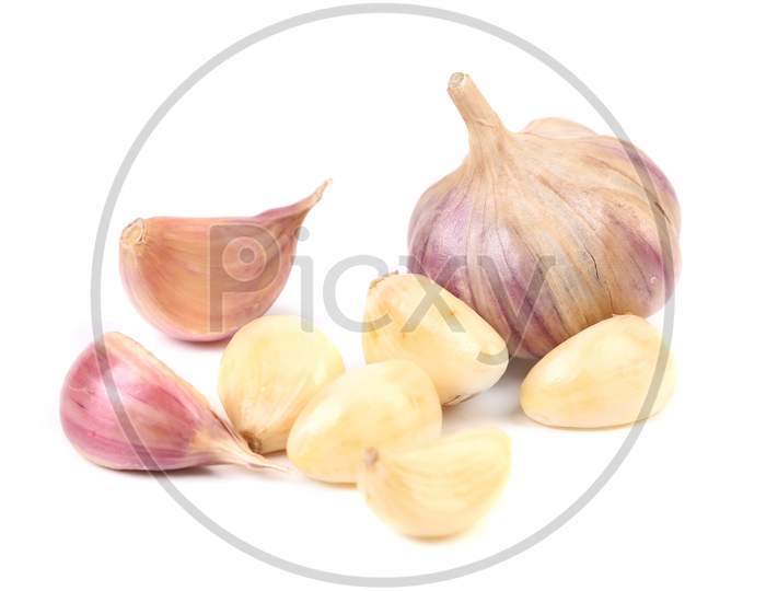 Fresh Garlic Whole And Pilled. Isolated On A White Background.