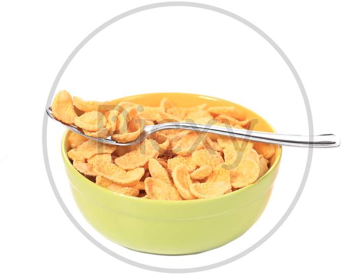 Bowl Of Sugar-Coated Corn Flakes. Isolated On A White Background.
