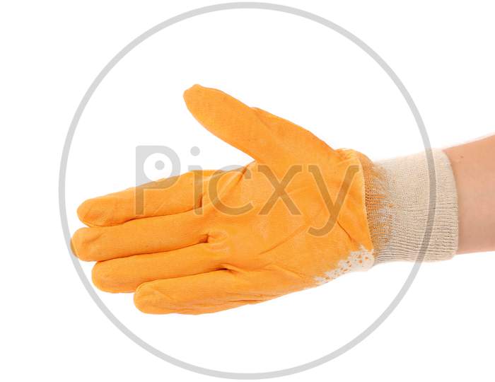 Hand In Orange Rubber Glove. Isolated On A White Background