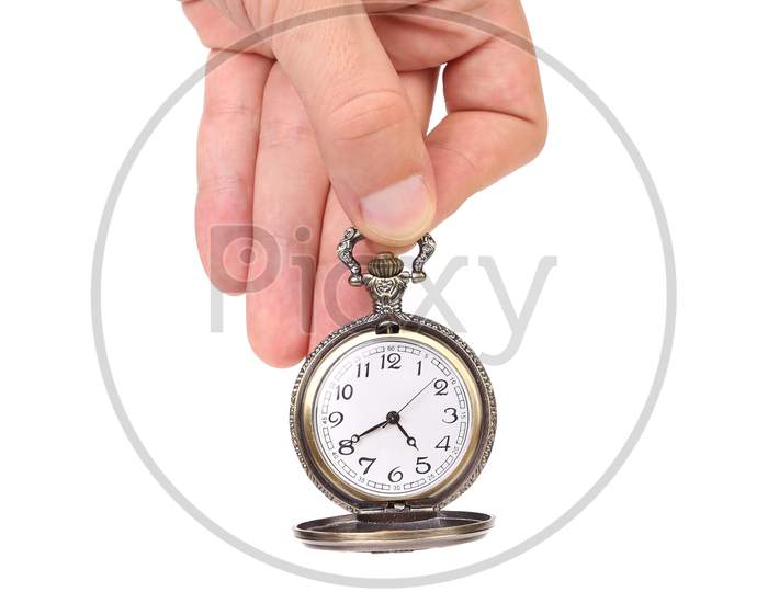 Hand Holds Opened Vintage Watch. Isolated On A White Background