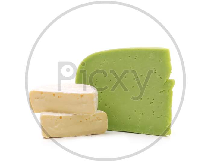 Composition Of Various Types Of Cheese. Isolated On A White Background