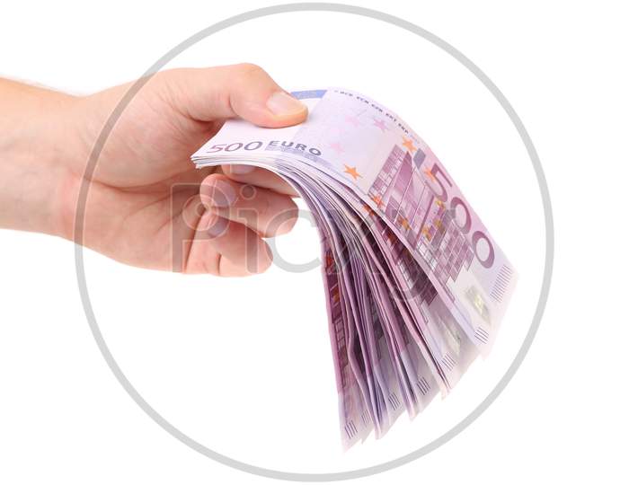 Hands Holding 500 Euros Banknotes. Isolated On A White Background