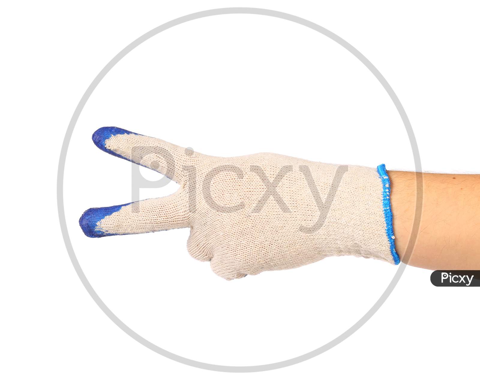 Hand Shows Two In Rubber Protective Glove. Isolated On A White Background