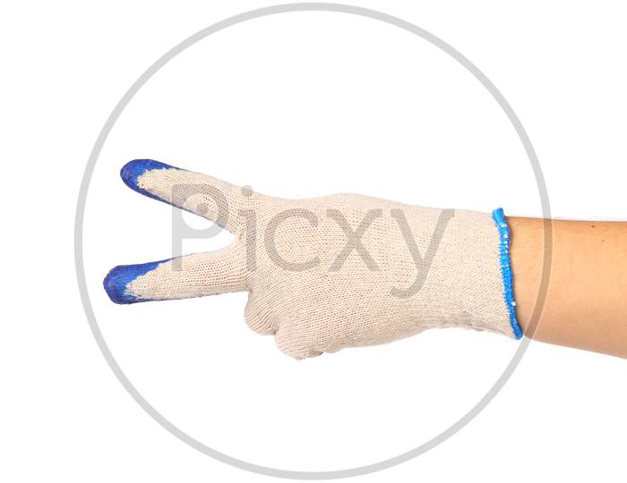 Hand Shows Two In Rubber Protective Glove. Isolated On A White Background