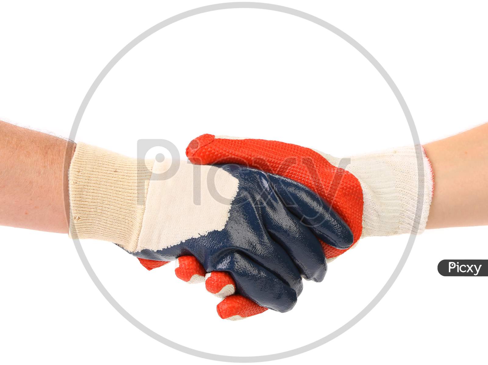 Two Hands In Gloves Of Hand Shake. Isolated On A White Background