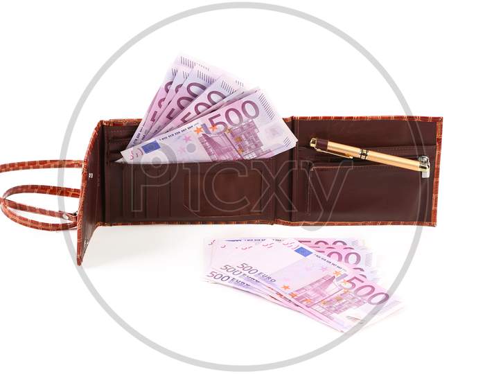 Wallet With Five Hundreds Euro Banknotes. Isolated On A White Background
