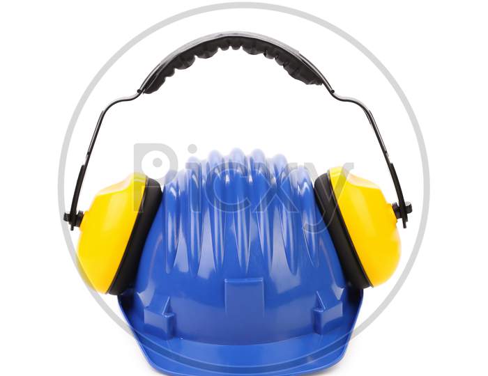 Working Protective Headphones On Hard Hat. Isolated On A White Background