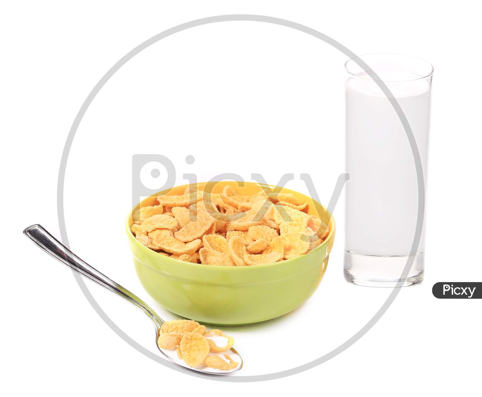Bowl Of Corn Flakes. Isolated On A White Background.
