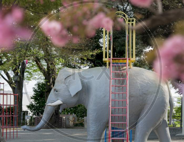 Elephant Sculpture Under The Cherry Blossoms Of Asukayama Park In The Kita District, North Of Tokyo.