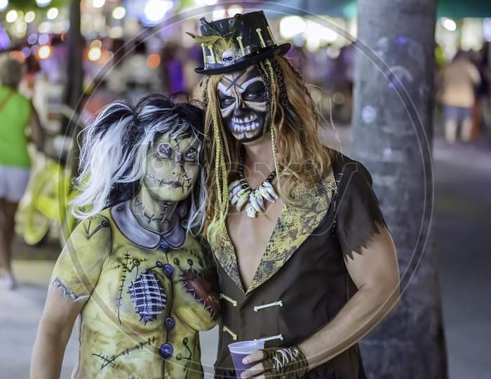 Man And Woman In Costume For 2016 Fantasy Fest. Body Painting. Editorial Use Only.