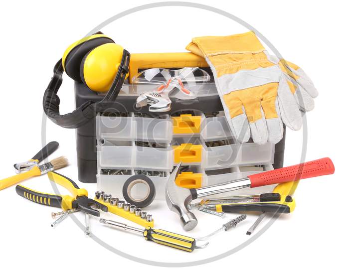 Plastic Workbox With Assorted Tools. Isolated On A White Background.