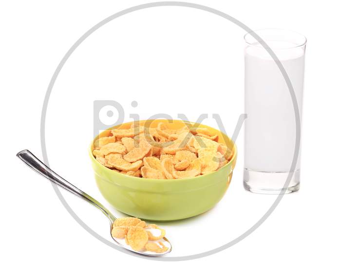 Bowl Of Corn Flakes. Isolated On A White Background.
