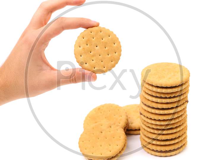 Closeup Cookie Biscuits With Filling. Isolated On A White Background.