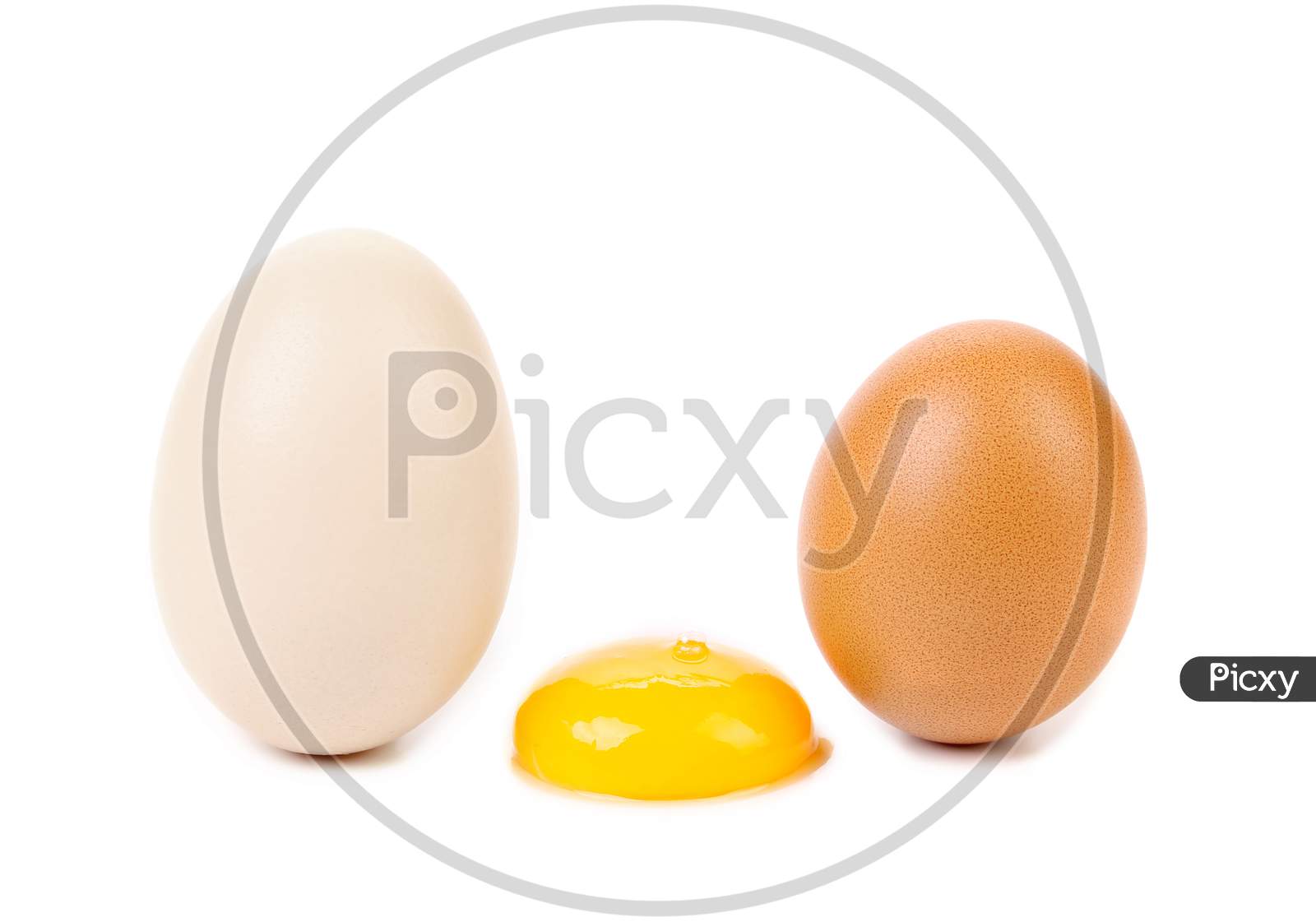 White And Brown Eggs With Yolk. Isolated On A White Background.