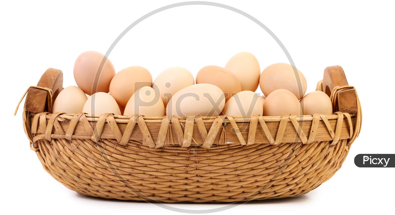 Wicker Basket Fool With Eggs. Isolated On A White Background.