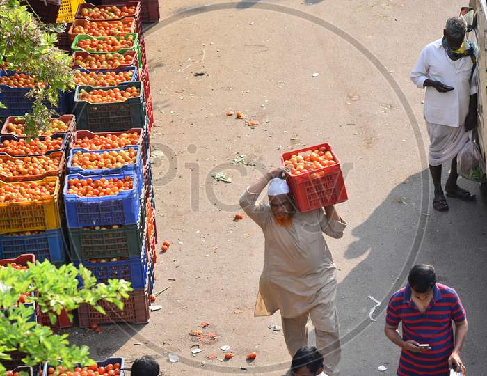 Vegetables made available at a makeshift market at Hitech City MMTS station, amid nationwide lockdown