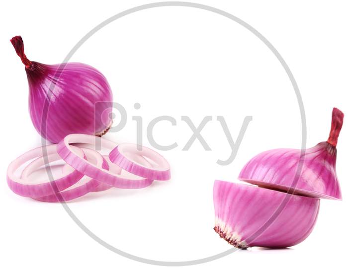 Two Chopped And Whole Violet Onion. Isolated On A White Background.