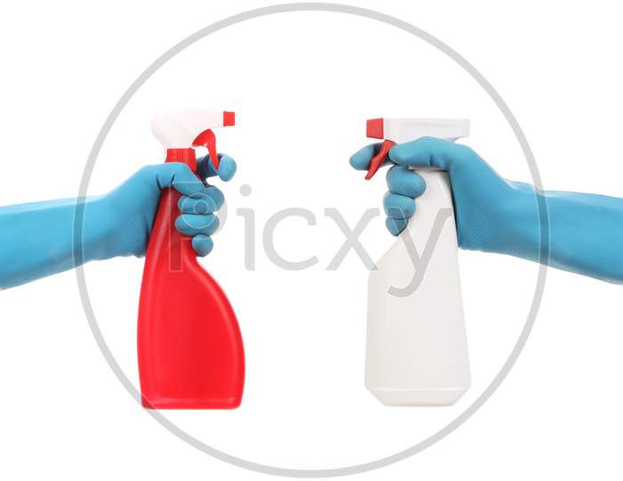 Hands In Gloves Hold Spray Bottles. Isolated On A White Background.
