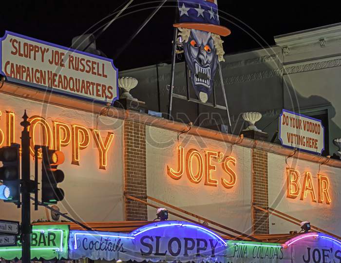 Night Time Photo Of Slopppy Joe'S Bar On The Corner Of Duval St. And Greene St. Fantasy Fest And Election Year. Editorial use only