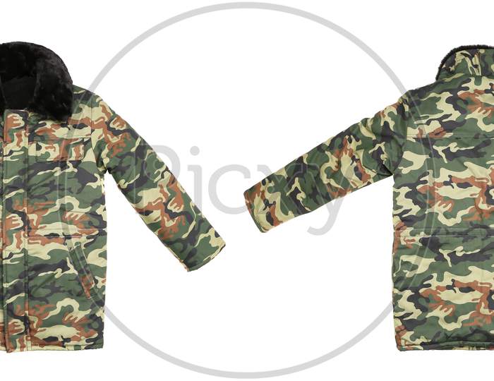 Camouflage Winter Jacket With Black Collar. Isolated On A White Background.