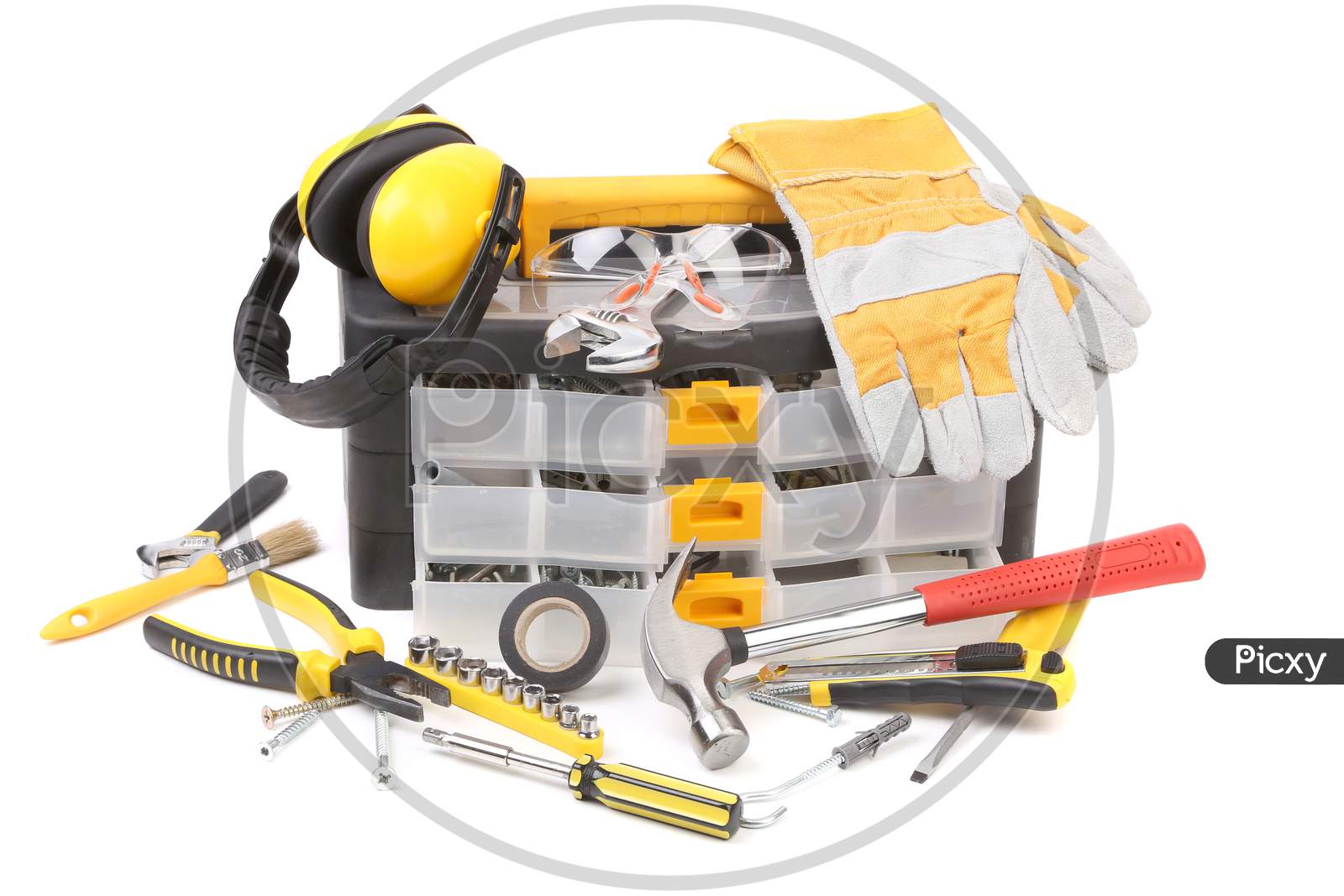 Plastic Workbox With Assorted Tools. Isolated On A White Background.