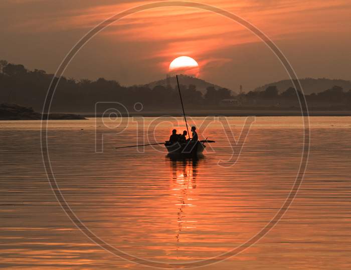 Fishermen Fishing In The Brahmaputra River At Sunset, In Guwahati On 29 Feb. 2020
