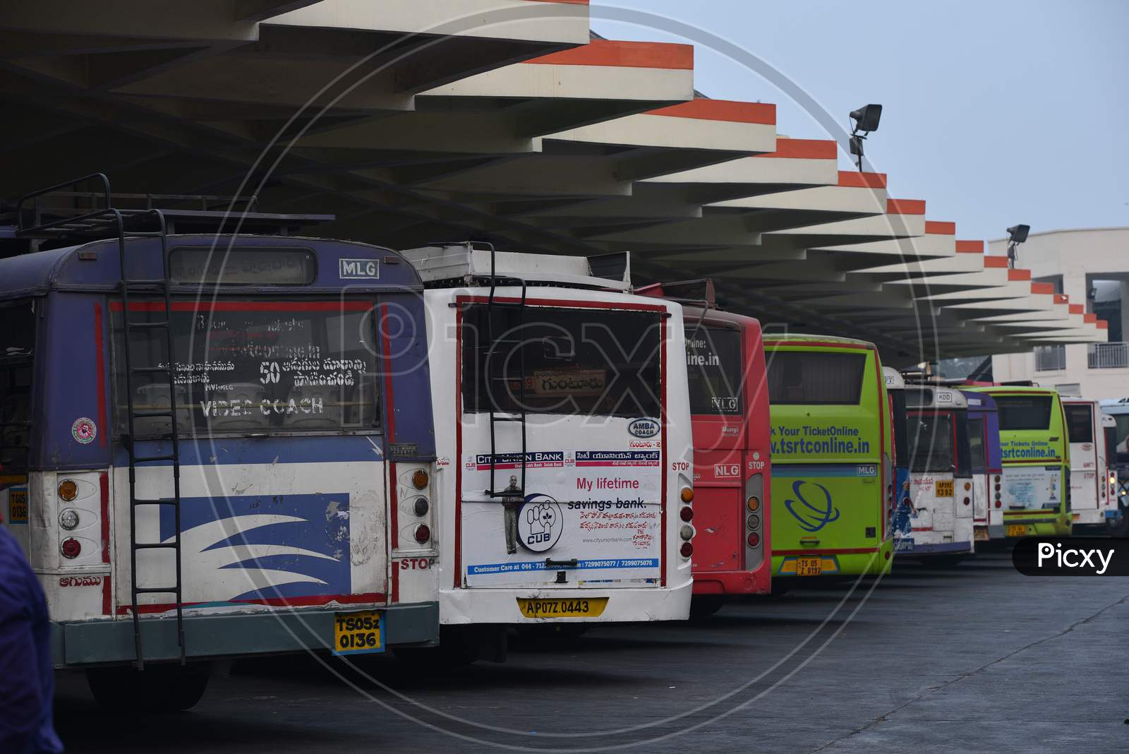 RTC Buses halted in Mahatma Gandhi bus station, Hyderabad.