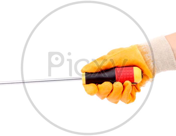 Hand Holding Screwdriver. Isolated On A White Background.