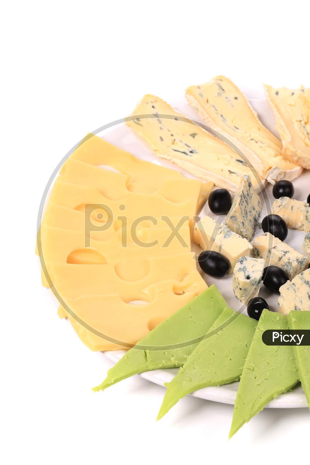 Various Tasty Cheese Slices. Isolated On A White Background.