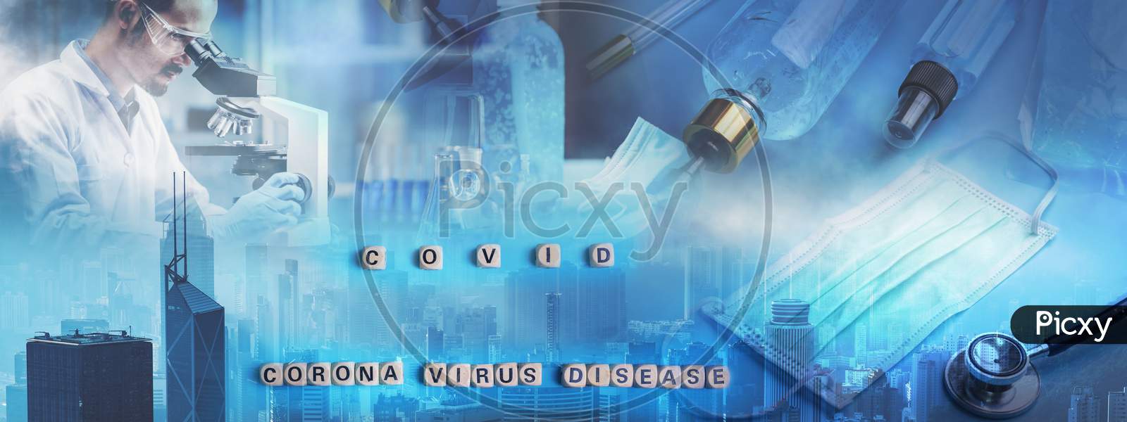Coronavirus Covid-19 Concept, Header Background Of Virus From Wuhan, China. Panoramic Banner With Blue Spheres Concept.