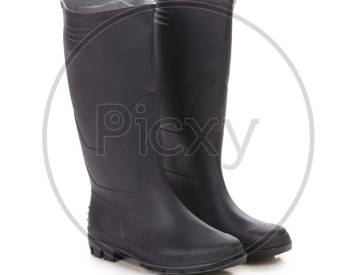 Pair High Rubber Boots. Isolated On A White Background.
