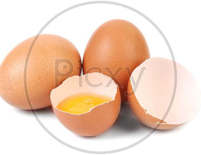 Whole Egg And Broken Egg. Isolated On A White Background.