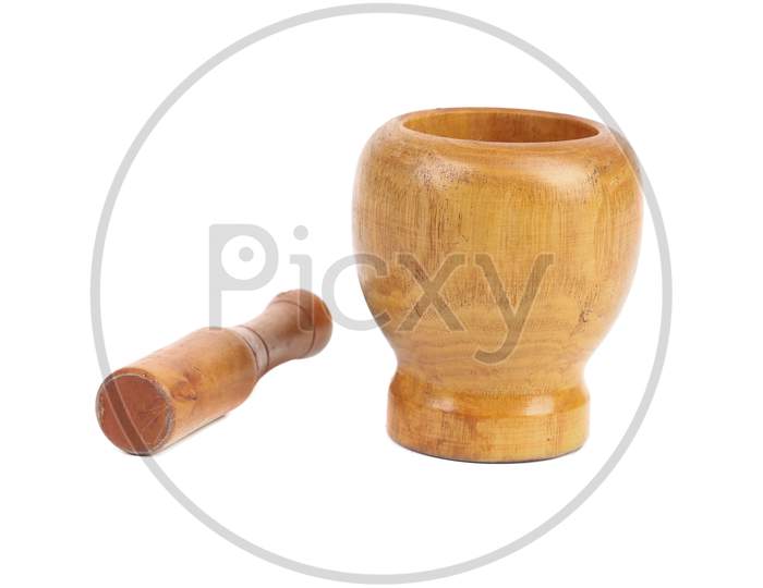 Wooden Mortar With Pestle. Isolated On A White Background.