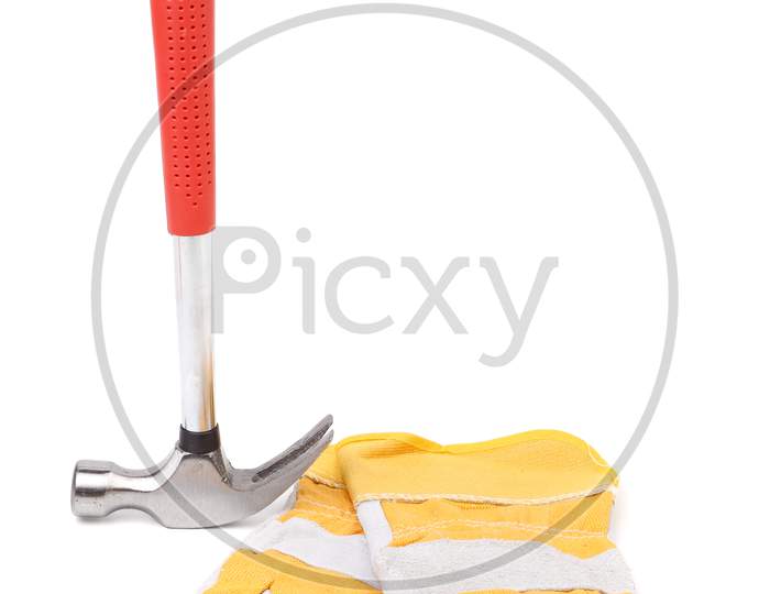 Construction Gloves And Hammer. Isolated On A White Background.