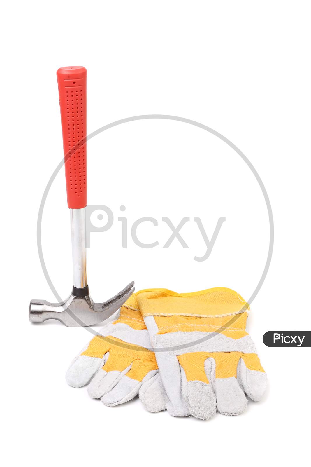 Construction Gloves And Hammer. Isolated On A White Background.