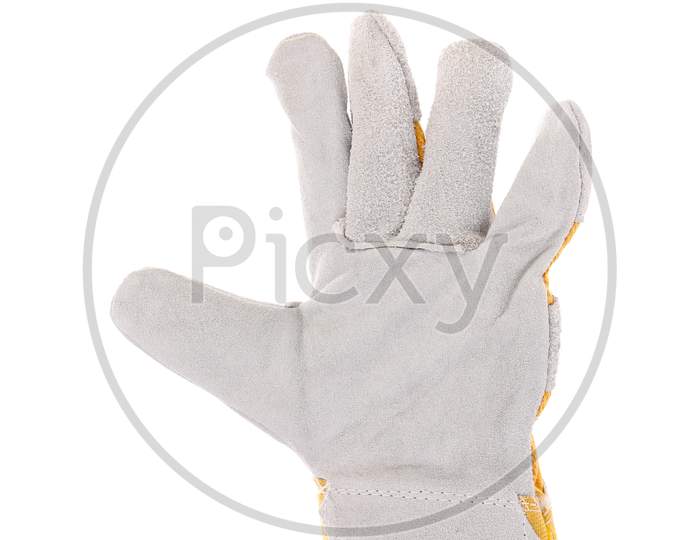 Hand In Gloves Shows Five. Isolated On A White Background.