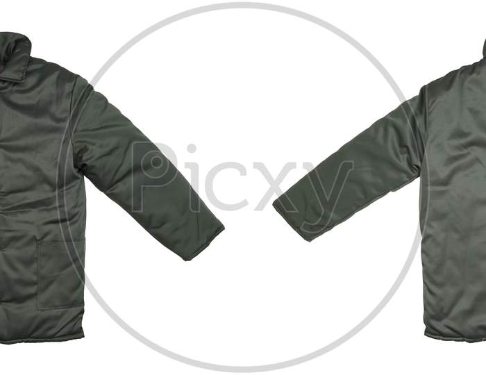 Green Working Jacket Front Back. Isolated On A White Background.