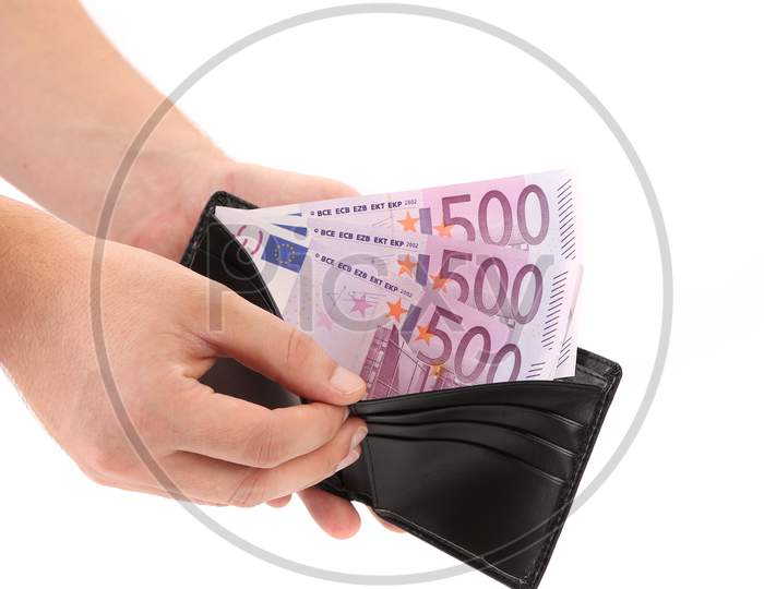 Purse With Euro Bills In Hands. Isolated On A White Background.