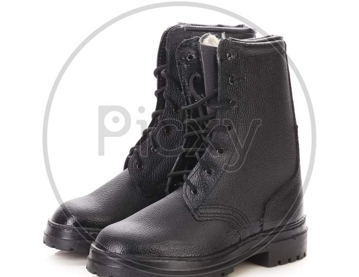 Pair Of Working Boots. Isolated On White Background.