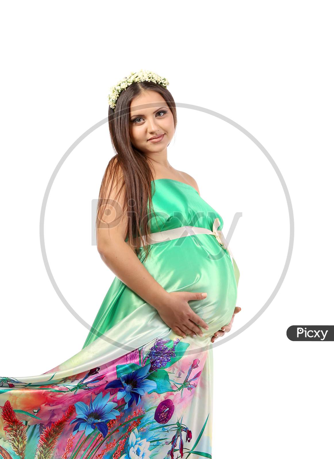Beautiful Young Pregnant Woman. Isolated On A White Background.