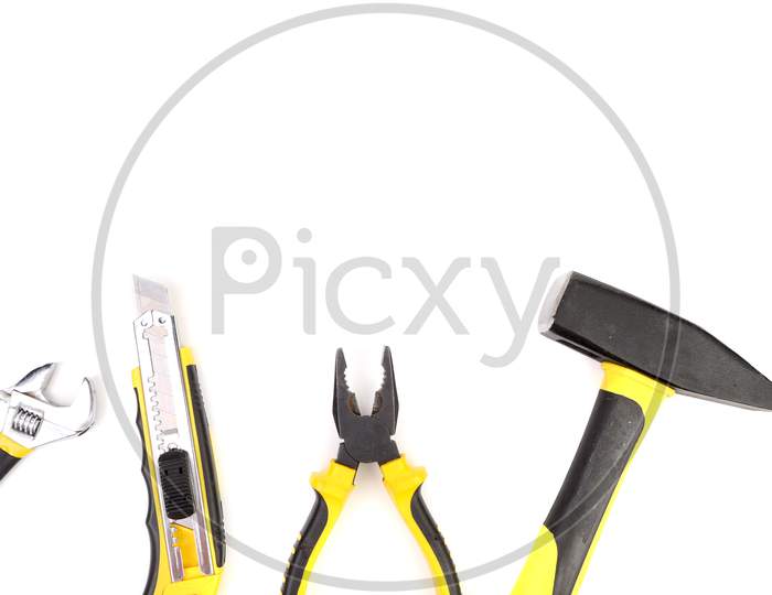 Various Working Tools. Isolated On White Background. Place For Text.